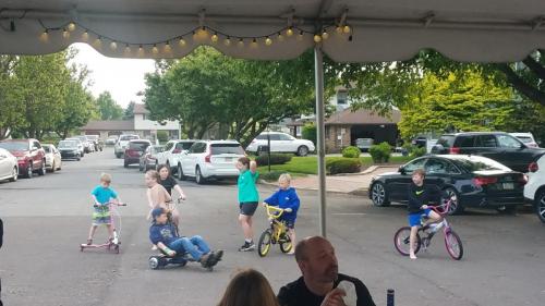 The kids doing laps around the tent...